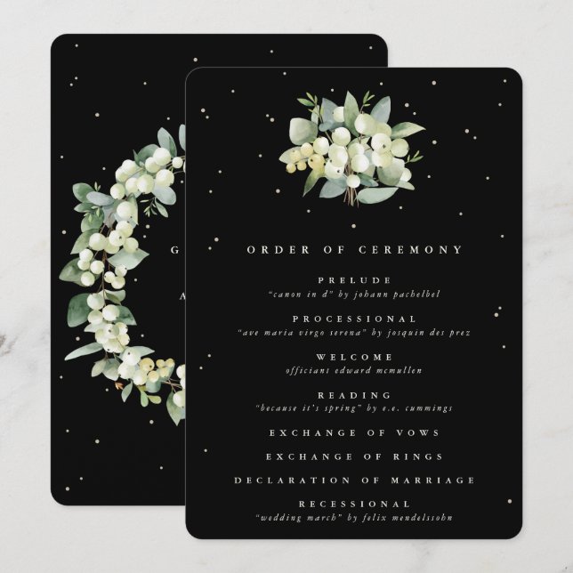 Elegant Black Snowberry+Eucalyptus Bouquet Wedding Program (Front/Back)