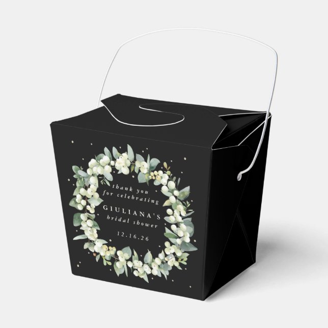 Elegant Black Snowberry+Eucalyptus Bridal Shower Favor Boxes (Front Side)