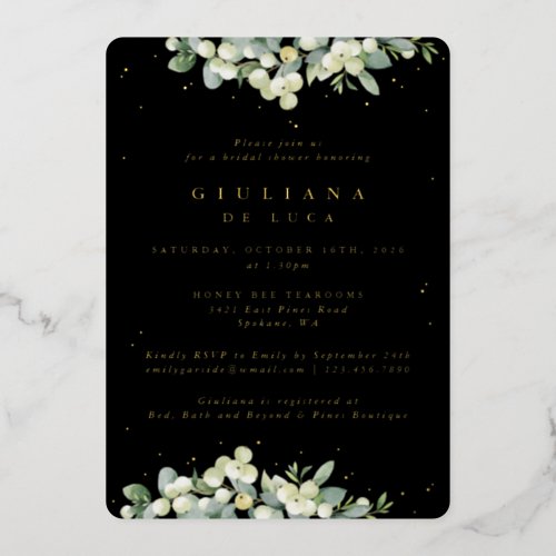 Elegant Black SnowberryEucalyptus Bridal Shower Foil Invitation