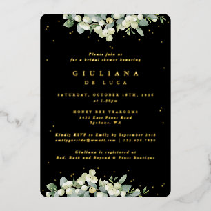 Elegant Black Snowberry+Eucalyptus Bridal Shower Foil Invitation
