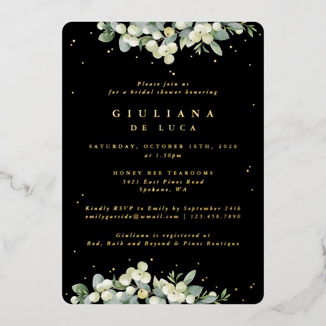 Elegant Black Snowberry+Eucalyptus Bridal Shower Foil Invitation (Front)