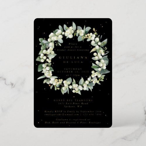 Elegant Black SnowberryEucalyptus Bridal Shower Foil Invitation