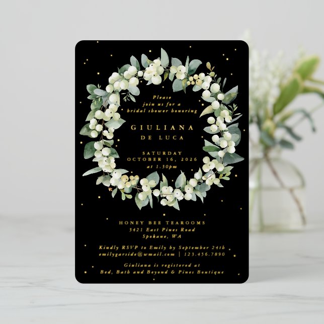 Elegant Black Snowberry+Eucalyptus Bridal Shower Foil Invitation (Standing Front)