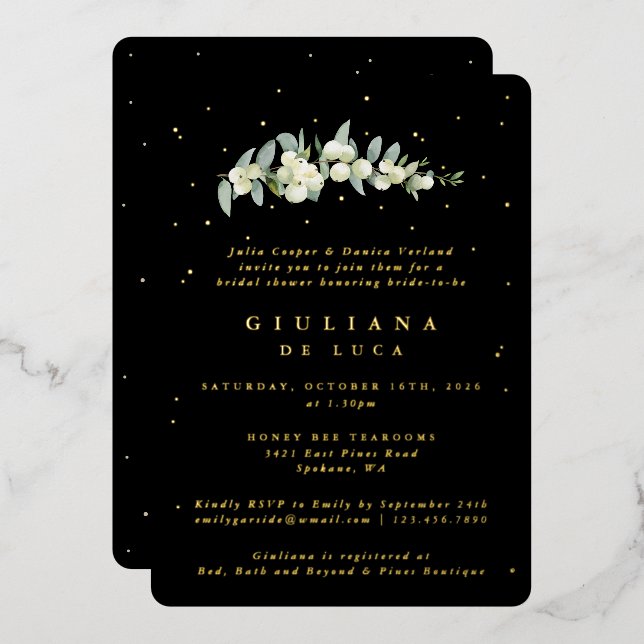 Elegant Black Snowberry+Eucalyptus Bridal Shower Foil Invitation (Front/Back)