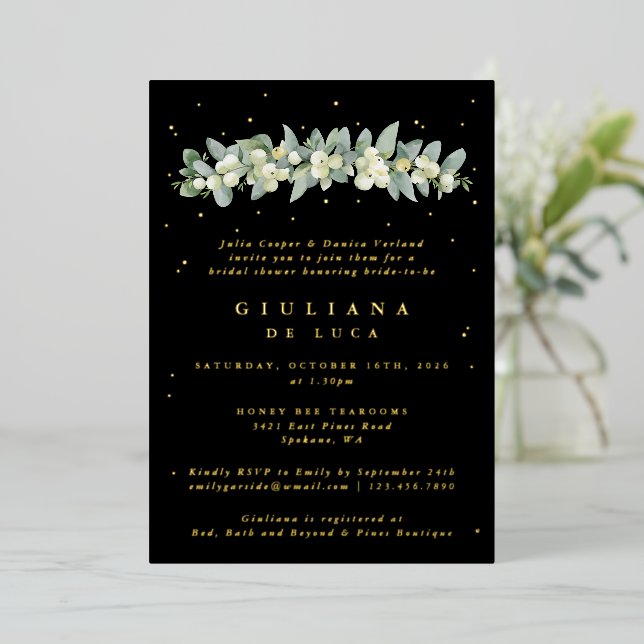 Elegant Black Snowberry+Eucalyptus Bridal Shower Foil Invitation (Standing Front)
