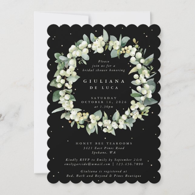Elegant Black Snowberry+Eucalyptus Bridal Shower Invitation (Front)