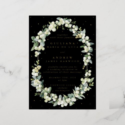 Elegant Black SnowberryEucalyptus Reception Only Foil Invitation