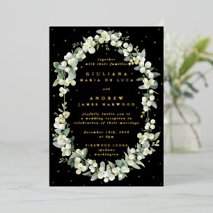 Elegant Black Snowberry+Eucalyptus Reception Only Foil Invitation