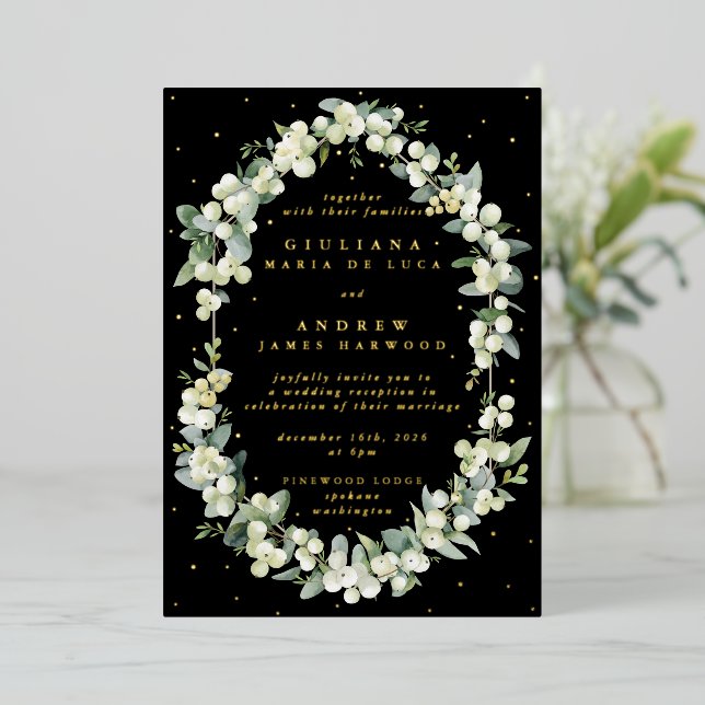 Elegant Black Snowberry+Eucalyptus Reception Only Foil Invitation (Standing Front)