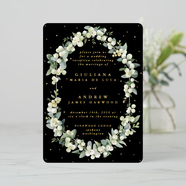 Elegant Black Snowberry+Eucalyptus Reception Only  Foil Invitation (Standing Front)