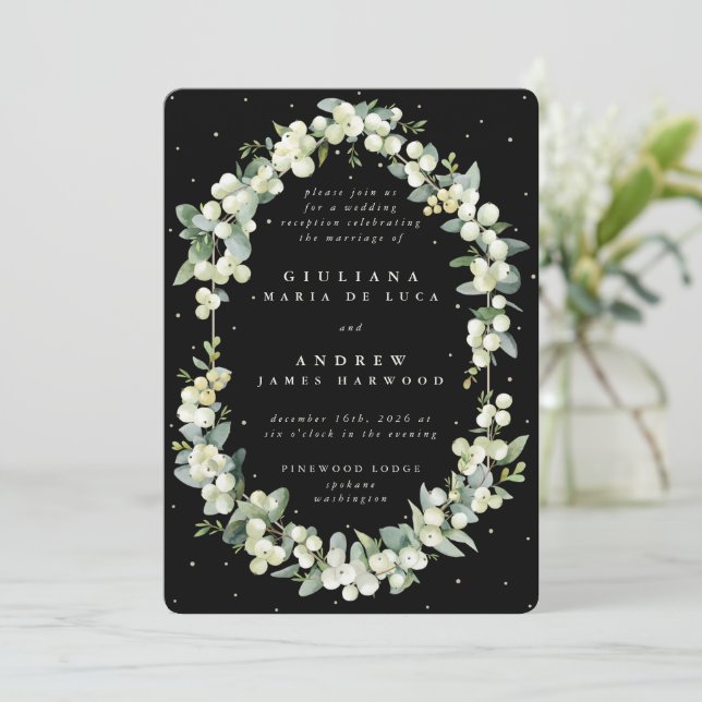 Elegant Black Snowberry+Eucalyptus Reception Only Invitation (Standing Front)