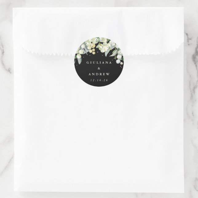 Elegant Black Snowberry+Eucalyptus Wedding Classic Round Sticker (Bag)