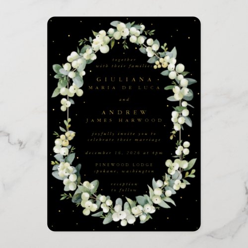 Elegant Black SnowberryEucalyptus Wedding Foil Invitation