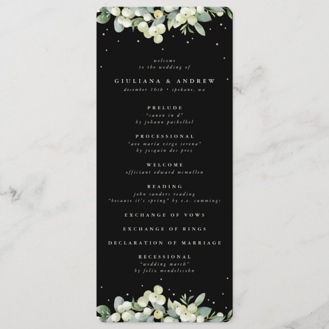 Elegant Black Snowberry+Eucalyptus Winter Wedding Program (Front)