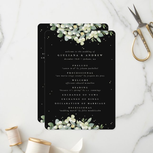 Elegant Black Snowberry+Eucalyptus Winter Wedding Program (Front/Back In Situ)