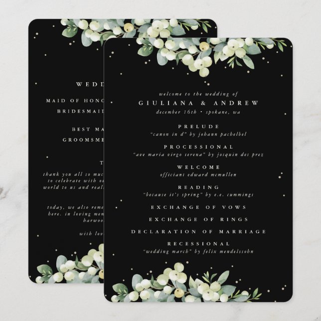 Elegant Black Snowberry+Eucalyptus Winter Wedding Program (Front/Back)