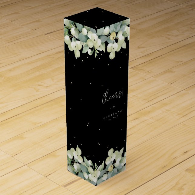 Elegant Black Snowberry+Eucalyptus Winter Wedding Wine Box (Front)