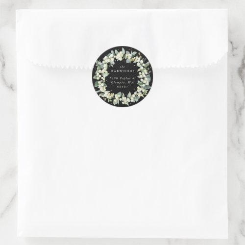 Elegant Black SnowberryEucalyptus Wreath Address Classic Round Sticker