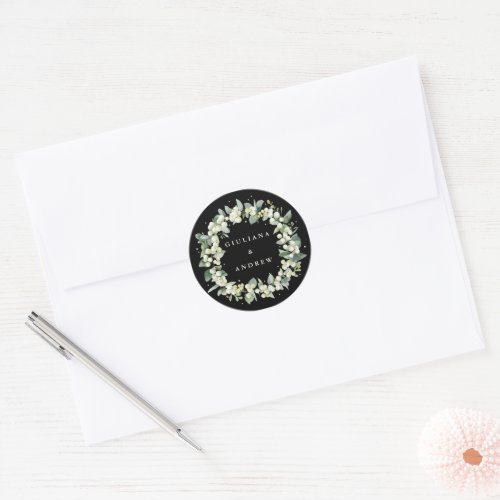Elegant Black SnowberryEucalyptus Wreath Wedding Classic Round Sticker