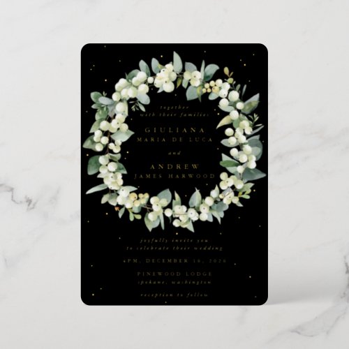 Elegant Black SnowberryEucalyptus Wreath Wedding Foil Invitation