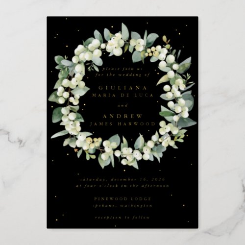 Elegant Black SnowberryEucalyptus Wreath Wedding Foil Invitation