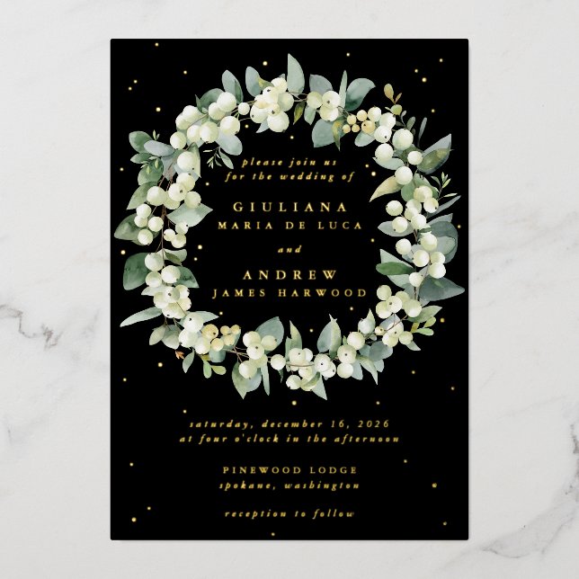 Elegant Black Snowberry+Eucalyptus Wreath Wedding Foil Invitation (Front)