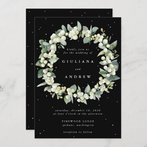 Elegant Black SnowberryEucalyptus Wreath Wedding Invitation