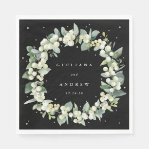 Elegant Black Snowberry+Eucalyptus Wreath Wedding Napkins