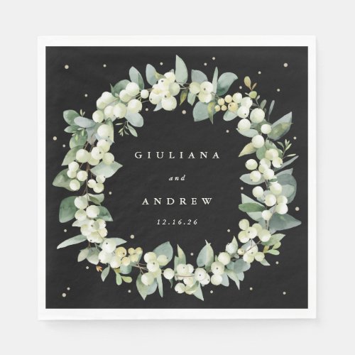 Elegant Black SnowberryEucalyptus Wreath Wedding Napkins