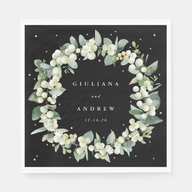 Elegant Black Snowberry+Eucalyptus Wreath Wedding Napkins (Front)