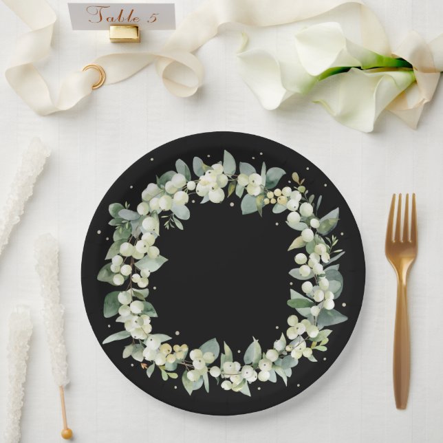Elegant Black Snowberry+Eucalyptus Wreath Wedding Paper Plates (Wedding)