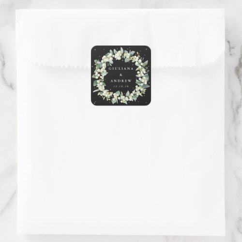 Elegant Black SnowberryEucalyptus Wreath Wedding Square Sticker