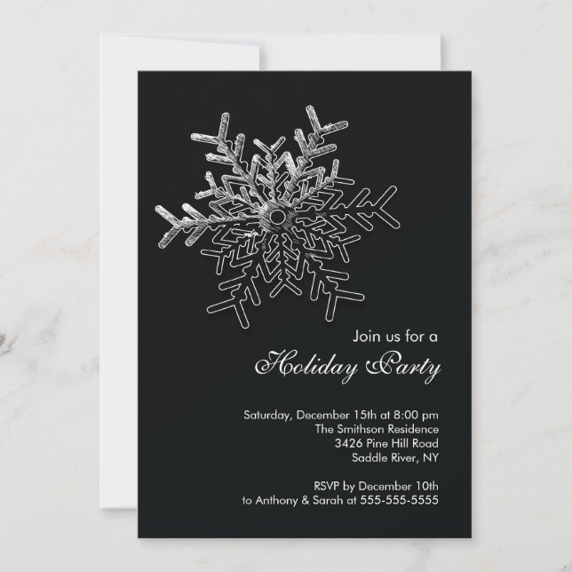 Elegant Black Snowflake Holiday Christmas Party Invitation (Front)