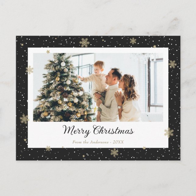 Elegant Black Snowflake Photo Christmas Holiday Postcard (Front)