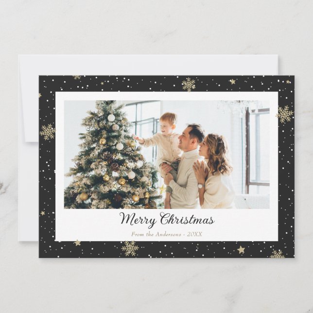 Elegant Black Snowflake Photo Merry Christmas Holiday Card (Front)