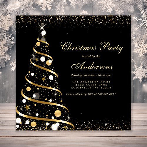 Elegant Black Sparkle Christmas Tree Party Invitation