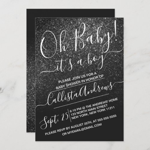 Elegant Black Sparkly Glitter Ombre Baby Shower Invitation