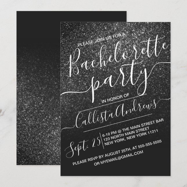 Elegant Black Sparkly Glitter Ombre Bachelorette Invitation (Front/Back)