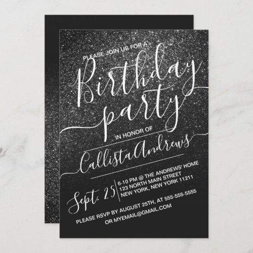 Elegant Black Sparkly Glitter Ombre Birthday Invitation