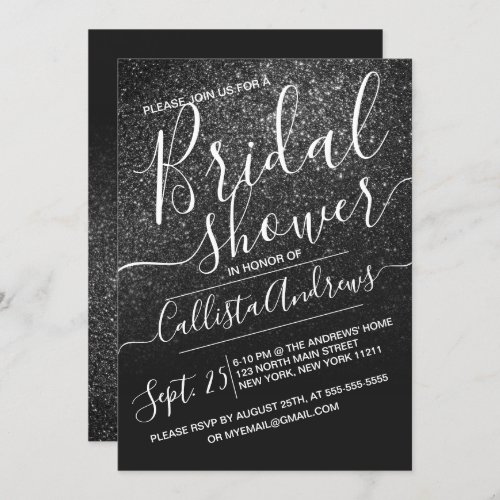 Elegant Black Sparkly Glitter Ombre Bridal Shower Invitation