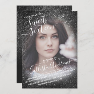 Elegant Black Sparkly Glitter Ombre Photo Sweet 16 Invitation