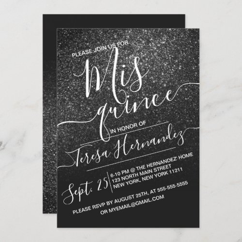 Elegant Black Sparkly Glitter Ombre Quinceaera Invitation