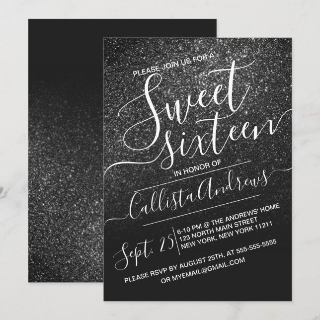 Elegant Black Sparkly Glitter Ombre Sweet 16 Invitation (Front/Back)