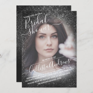 Elegant Black Sparkly Glitter Photo Bridal Shower Invitation