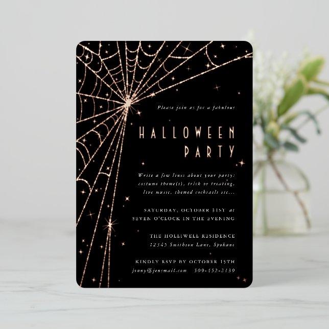 Elegant Black Spider Web Halloween Party Foil Invitation (Standing Front)