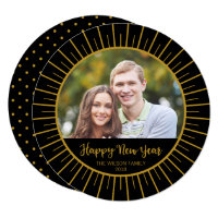Elegant Black Starburst Happy New Year Photo Round Card