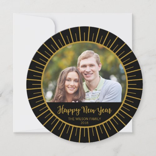 Elegant Black Starburst Happy New Year Photo Round Holiday Card