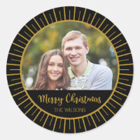 Elegant Black Starburst Merry Christmas Photo Classic Round Sticker