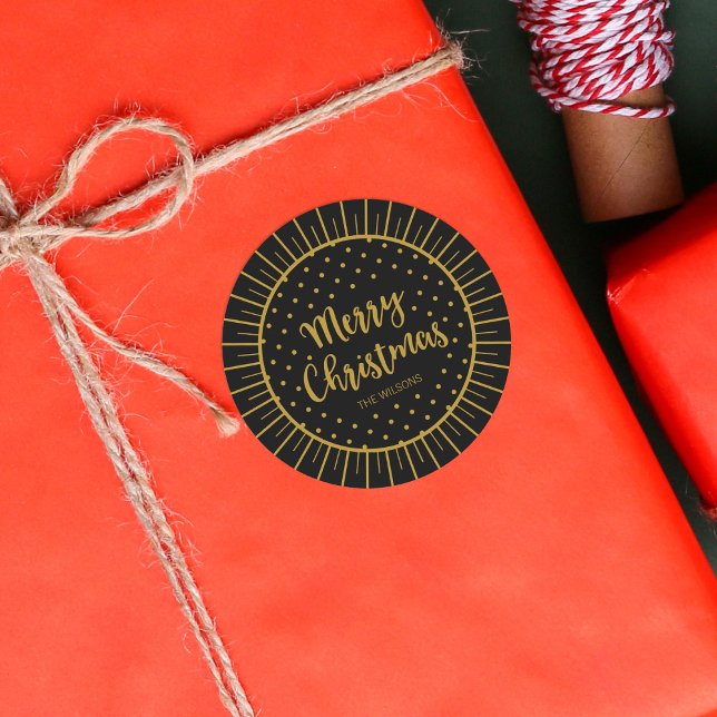 Elegant Black Starburst Script Merry Christmas Classic Round Sticker (Creator Uploaded)