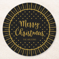 Elegant Black Starburst Script Merry Christmas Round Paper Coaster